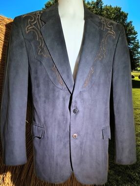 Men's Circle S Black Faux Suede Embroidered Western Blazer 44R Excellent Cond.